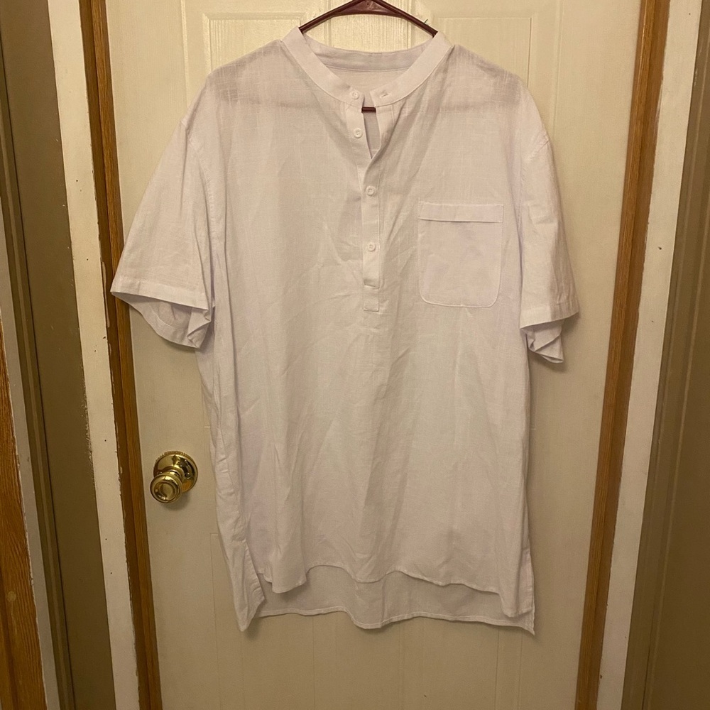 Men's White Short-Sleeve Linen Blend Shirt with Pocket